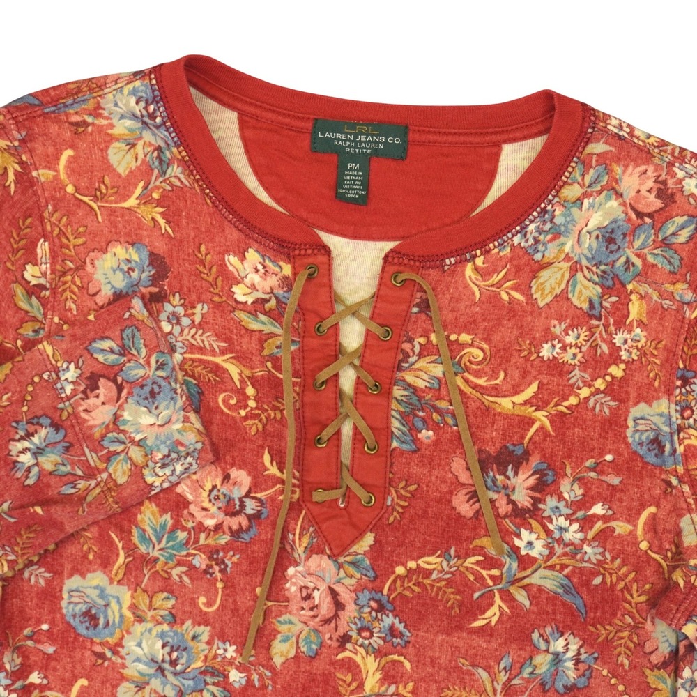 Lauren Ralph Lauren Lace Up Top Womens PM Red Floral 3/4 Sleeve Blouse Boho